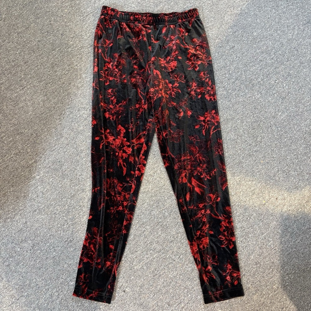 Denim 24/7 Black Red Floral Velvet Rose Leggings Sz L Goth Punk Winter A892